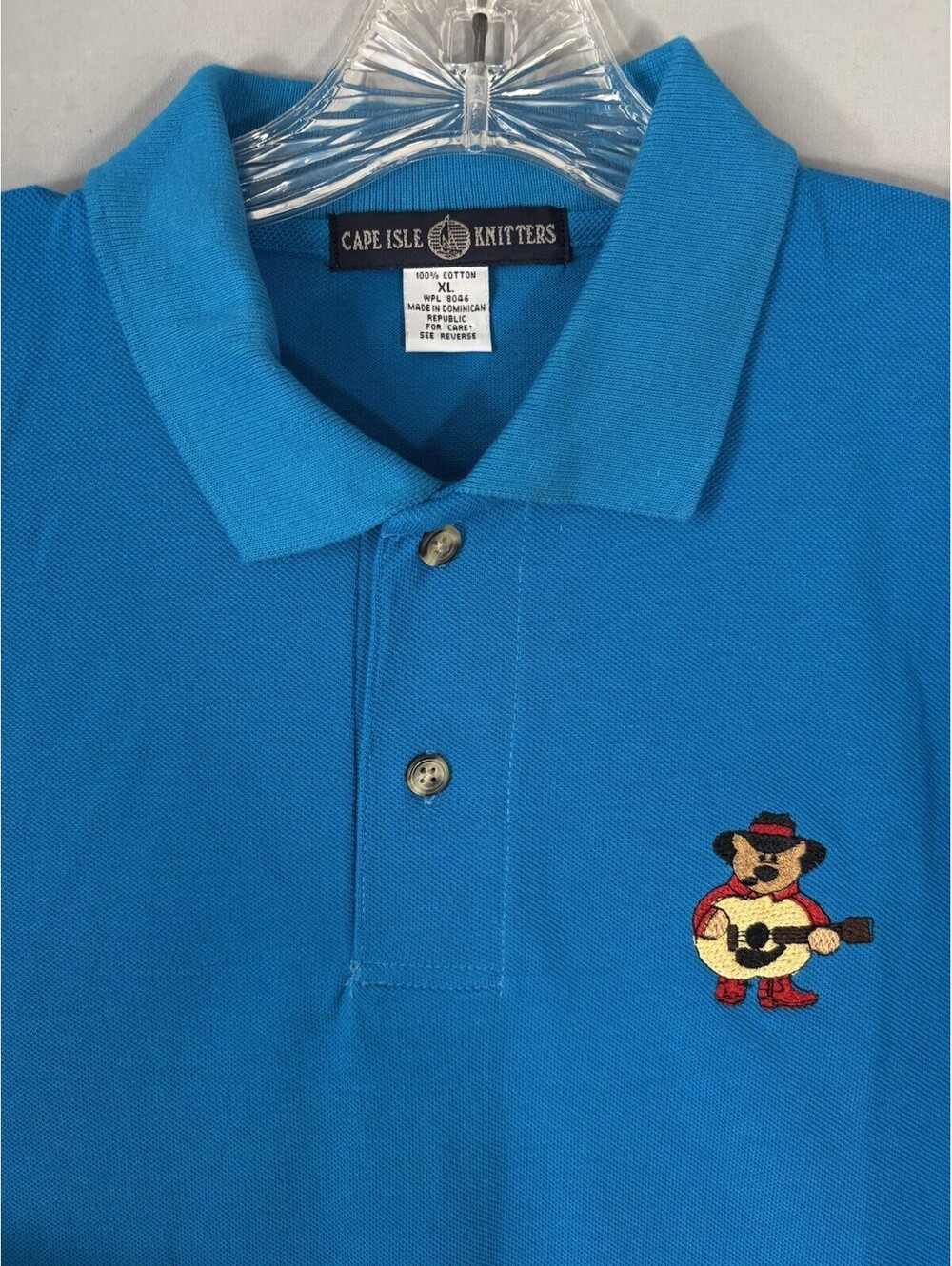 Vtg Cape Isle Knitters XL Blue Polo Shirt Embroidered Guitar Cowboy Bear Pique